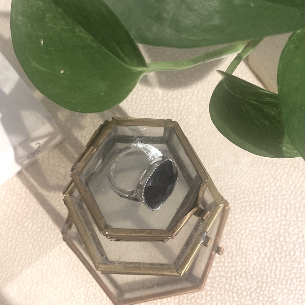 Silver Black Faceted Stone Statement Ring - image 2